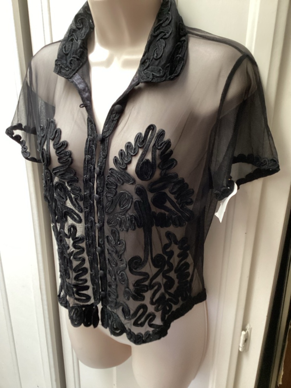 Vintage black Sheer Top with Soutache Embroidery Size S